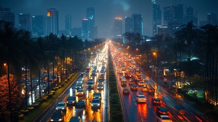 Fototapeta premium Nighttime cityscape with long exposure light trails from cars on busy streets, wideangle shot