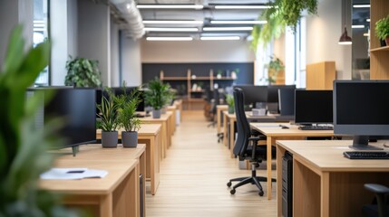 Empty modern office interior with wooden desks, plants, and computers.