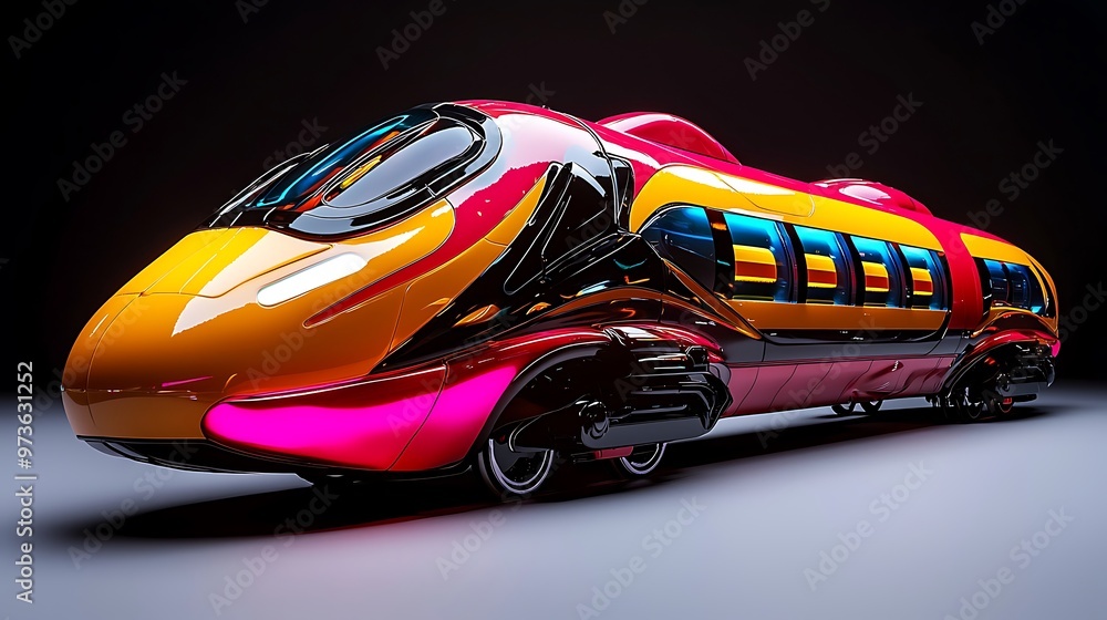 Poster a modern high-speed train with a colorful design speeds forward, representing progress and innovatio