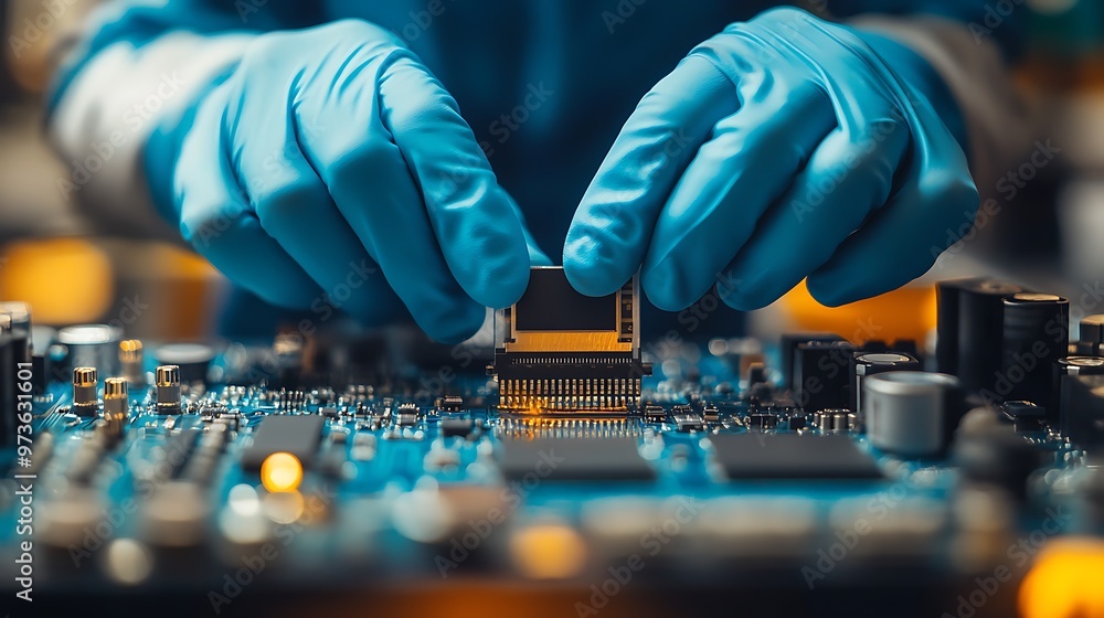 Poster hands in blue gloves carefully install a chip on a circuit board, demonstrating technical skill and 