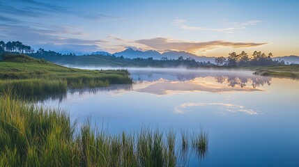 Fototapeta premium Serene panoramic view of a tranquil lake at sunrise, reflecting the soft hues of the sky and surrounding majestic mountains.