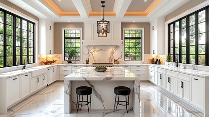 Luxurious modern kitchen featuring white cabinetry, marble countertops, large island, and elegant pendant lighting, with abundant natural light.