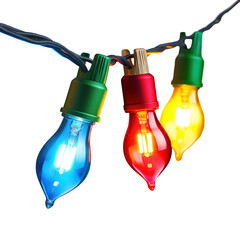 Naklejka premium A string of colorful Christmas lights with bulbs lit up in red, green, blue, and yellow isolated on transparent background