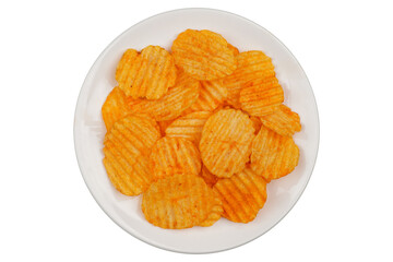 Potato chips in white plate isolated transparent