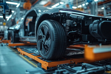 Fototapeta premium Close-up of a car on an assembly line in a modern, high-tech manufacturing factory. Focus on the wheel and suspension system.