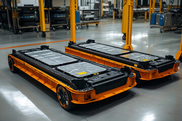 Electric vehicle battery packs in an industrial warehouse setting, emphasizing advanced technology and modern manufacturing processes.