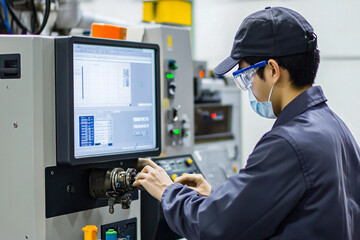 Engineer operating CNC machine with precision at industrial plant. Worker using technology for manufacturing tasks, wearing safety gear and mask.