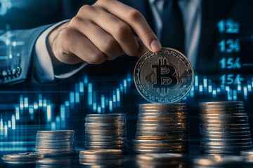 Hand holding a Bitcoin over stacks of coins with a digital financial graph in the background, representing cryptocurrency investment.