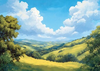 Obraz premium Oil painting depicting a scenic landscape featuring rolling hills blue sky and white clouds capturing the beauty of a valley with vibrant colors and natural elements
