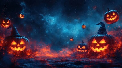 Spooky Halloween scene with glowing pumpkins and a cosmic background.