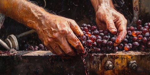 Close up of a winemaker s hands operating a helical screw in an oil painting depicting the winepress process and red must extraction from grapes