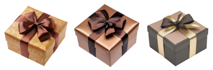 A beautifully wrapped gift box with a satin ribbon tied in a bow, featuring rich colors and textures isolated on transparent background
