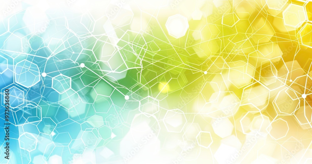 Poster abstract digital design featuring interconnected shapes and colors, suitable for backgrounds or tech