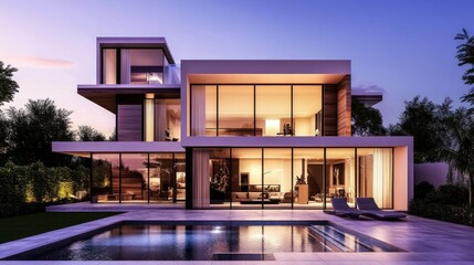 Obraz premium Modern house with a swimming pool and patio illuminated at dusk.
