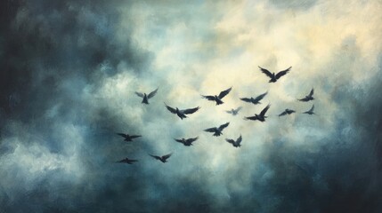Fototapeta premium Oil painting depicting a tranquil flock of birds gliding through a gentle cloudy sky embodying freedom and graceful movement