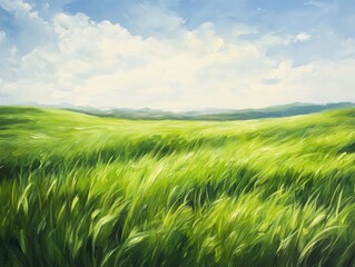 Fototapeta premium Oil painting depicting a vast expanse of lush green grass in a meadow setting