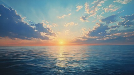 Obraz premium Oil painting depicting a sunrise over the ocean with clouds capturing the serene beauty of an early morning sea view