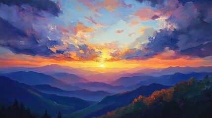 Oil painting depicting a sunset landscape from a mountain summit showcasing vibrant colors and dramatic skies