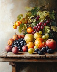Oil painting depicting a collection of fruits elegantly arranged on a rustic wooden table