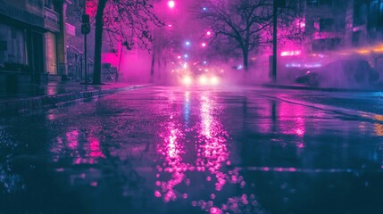 Wet asphalt road at night with neon lights reflections and silhouettes of trees in the background.