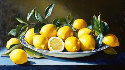 Vibrant oil painting showcasing fresh juicy lemons in a delightful arrangement