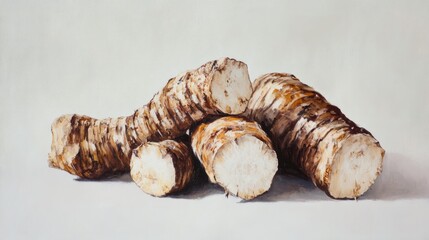 Oil painting of taro root presented against a white backdrop showcasing the unique features of this root vegetable