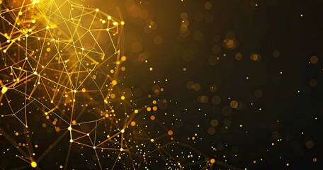 Abstract golden network with glowing particles on a dark background, symbolizing technology and connectivity.