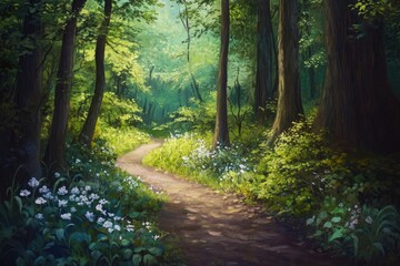 Obraz premium Oil painting capturing a serene moment during a tranquil stroll in a lush forest setting emphasizing calmness and harmony with nature