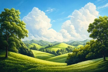Fototapeta premium Oil painting depicting a serene landscape featuring rolling green hills lush trees and a vibrant blue sky showcasing the beauty of nature