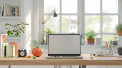 Productive Home Office Setup with Pomodoro Technique - Serene Workspace with Laptop, Timer, Planner, and Natural Light