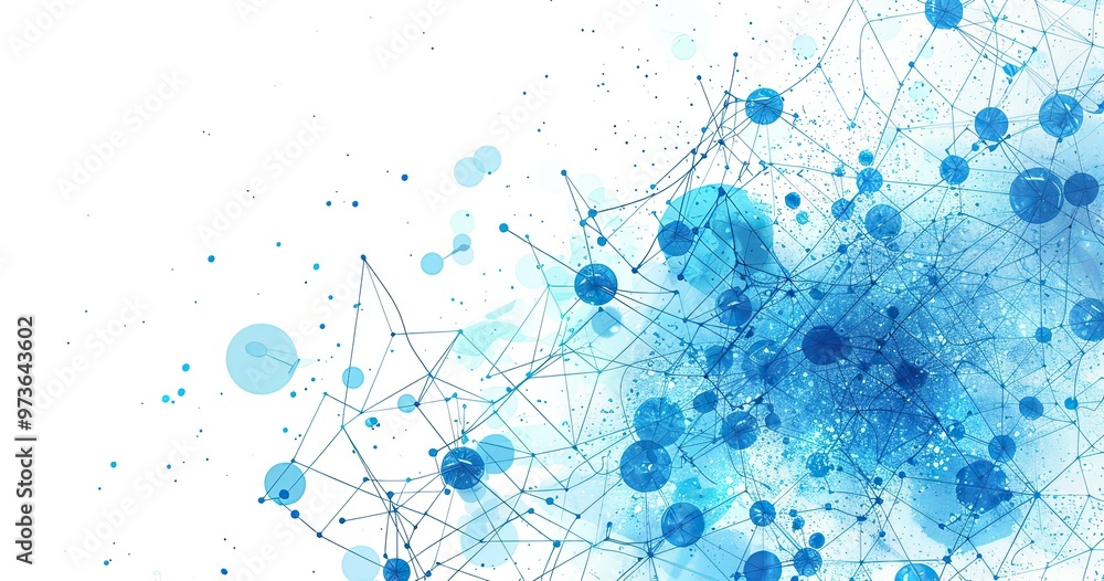 Poster abstract representation of interconnected nodes and circles in blue tones, symbolizing data, technol