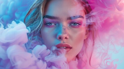 Closeup portrait of a woman with colorful makeup and pink smoke.