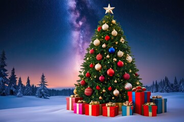 Stunning Christmas Tree Adorned with Baubles and Gifts Under a Starry Winter Night Sky