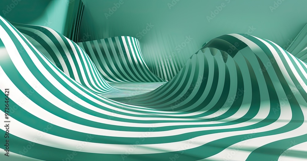 Poster abstract wavy patterns in teal and white create a dynamic, flowing landscape, evoking a sense of mov