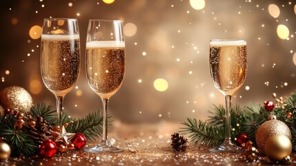 Festive scene with champagne glasses and holiday decorations.