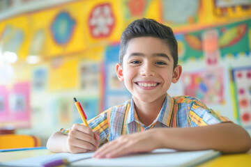 Smiling Boy Writing Happily in His Notebook in a Bright and Colorful Classroom Environment