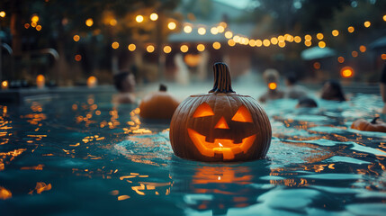 Spooky Swimming Pool Party, children and adults enjoying a Halloween-themed pool party with floating pumpkins and eerie decorations, Halloween, with copy space