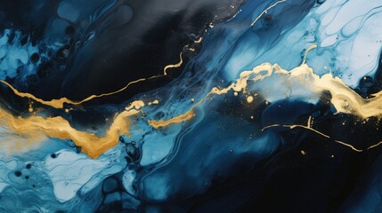 Fototapeta premium An abstract artwork featuring a blend of deep blue and gold hues, creating a fluid, dynamic composition.