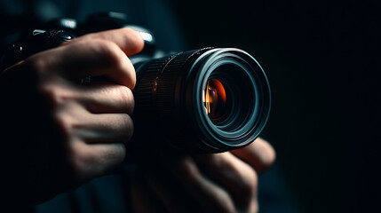 Close-up of a photographer's hand holding a camera with a lens focused on a light source.