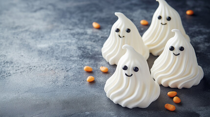 Obraz premium Ghost Meringues, light and fluffy meringues shaped like ghosts with cute candy eyes, Halloween, with copy space