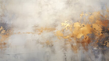 An abstract artwork featuring soft hues of gray and white, accented with gold, creating a serene and elegant atmosphere.