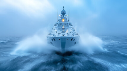 Fast patrol boat navigating through foggy ocean waters
