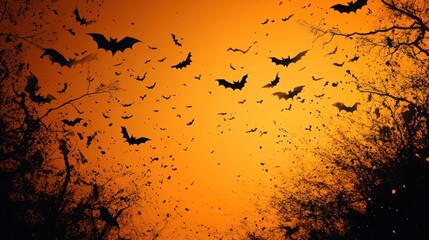 Fototapeta premium Bats flying against an orange sunset sky, creating a spooky atmosphere.