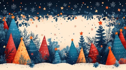 A festive winter scene featuring colorful trees and snowflakes.