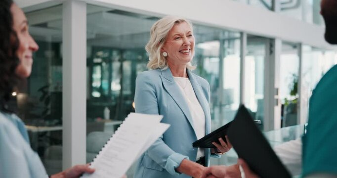 Business people, meeting and handshake with nurse in clinic for healthcare funding success and agreement. Hospital director, documents or shaking hands with medical professional for NGO contract deal