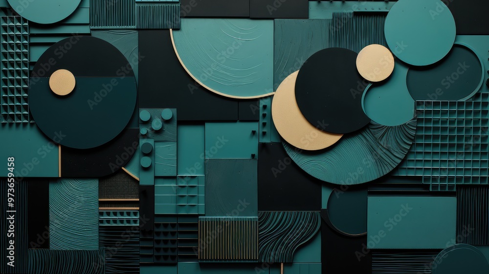 Poster an abstract composition featuring geometric shapes and textures in teal and gold tones, creating a m