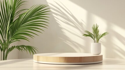 Minimalist wooden podium with green leaves in a white vase on a white table with sunlight and shadows.