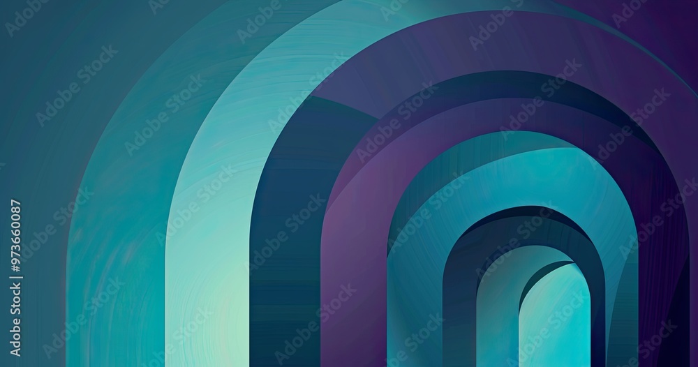 Poster an abstract composition featuring layered arches in shades of blue and purple, creating a sense of d