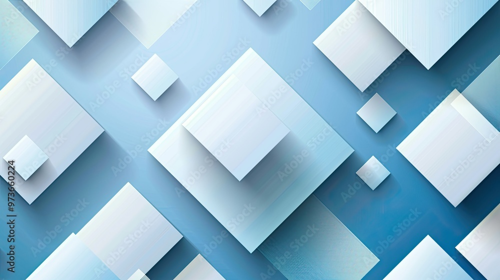 Poster an abstract composition featuring layered geometric shapes in varying sizes and shades of blue, crea