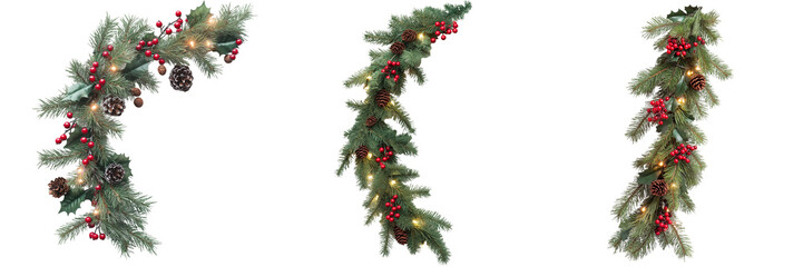 A festive Christmas garland made of pine branches, red berries, and twinkling lights, isolated on...